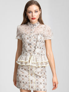 Ivory Lace Single-breasted Print Ruffles Shirts and Skirts 2 Pieces Suit