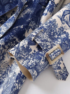 Ottavia Long Sleeve Pocket Belt Blue Flower Animal Print Casual Long Coat