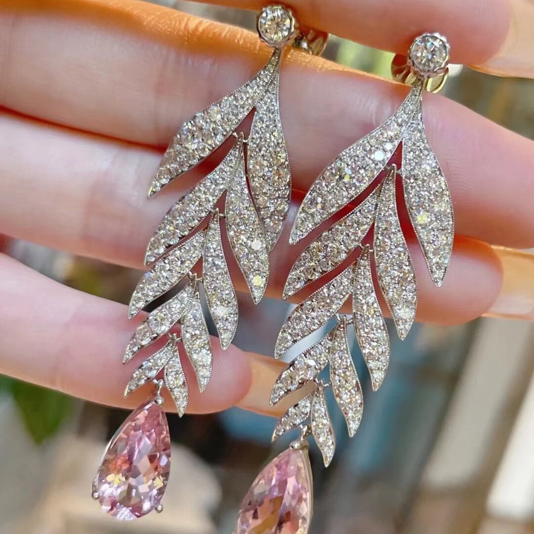 Tassels Leaf Pink Diamond Dangle Earring 925 sterling silver