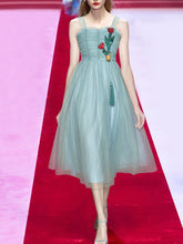 Load image into Gallery viewer, Cheryl  Spaghetti Strap Flower Embroidery Beading Mesh Blue Holiday Elegant Dress
