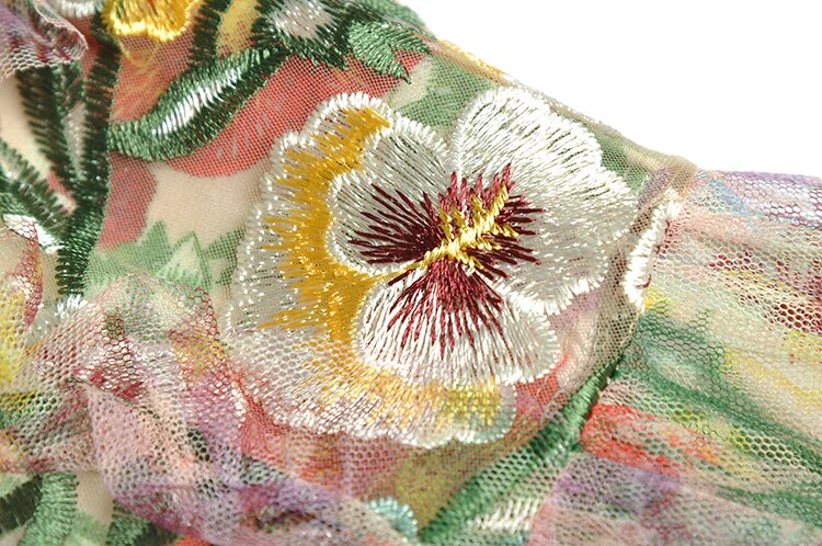 Kara Women Long Mesh Dress Stand Collar Flare Sleeve Flower Embroidery Print Vintage Dress