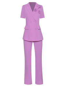 Elsie  Two-Piece Short sleeve Applique Blazer and Pants Suit Set