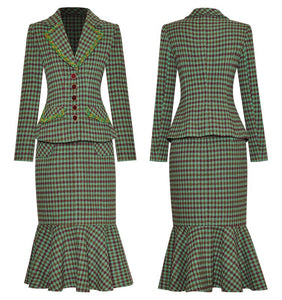 Clover Plaid Suit Women Long Sleeve Beading Jacket + Mermaid Skirt Office Lady Two Pieces Set