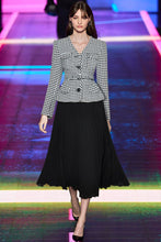 Load image into Gallery viewer, Electra V-Neck Long Sleeve Plaid Tweed Patchwork Belt Pleated Dress