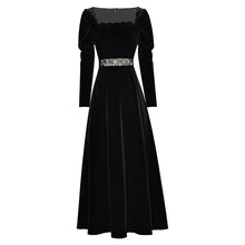 Load image into Gallery viewer, Elaine Square Collar Puff Sleeve Diamonds Belt Solid Vintage Long Dress
