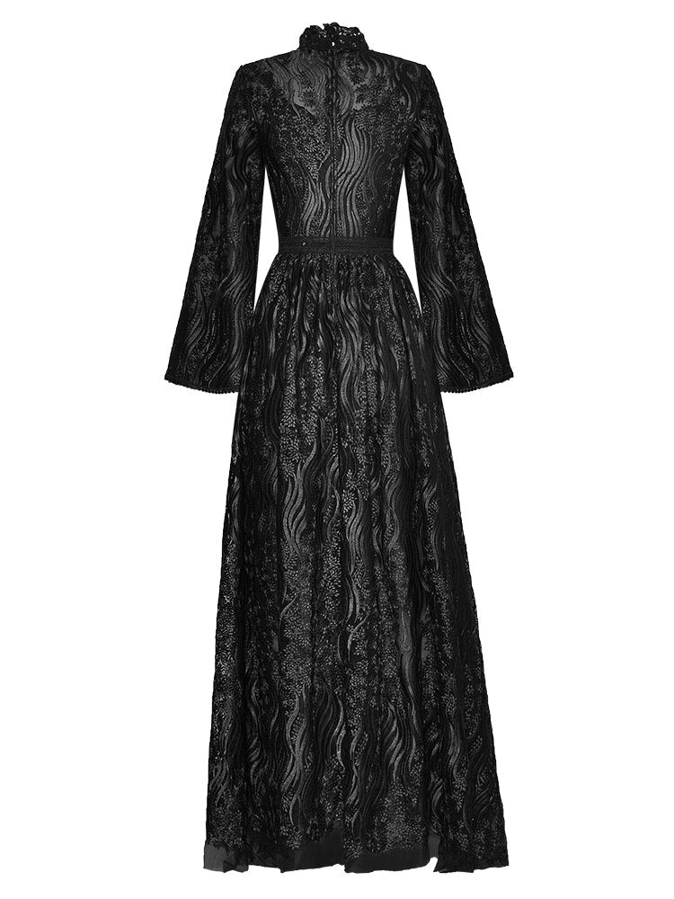 Rosemary Stand collar High waist Long sleeve Black Mesh Embroidery Vintage Dress