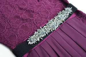 Jaylani  V-neck Lace Long sleeve Crystal Lace-up Ruffles Split Pleated Dress