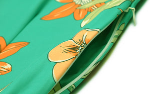 Amada Turn-down Collar Long Sleeve Flower Print Casual Flare Jumpsuit