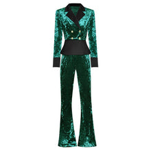 Load image into Gallery viewer, Samira Autumn Velvet Suit Women Long Sleeve Crystal Buttons Double Breasted Top+Flare Pants Two Pieces Set