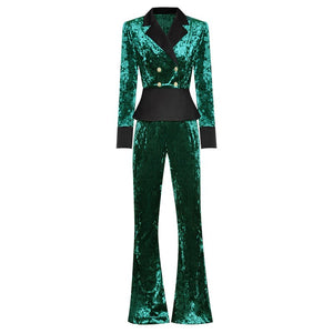 Samira Autumn Velvet Suit Women Long Sleeve Crystal Buttons Double Breasted Top+Flare Pants Two Pieces Set