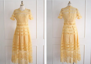Elegant  Vintage Yellow Lace Midi Dress