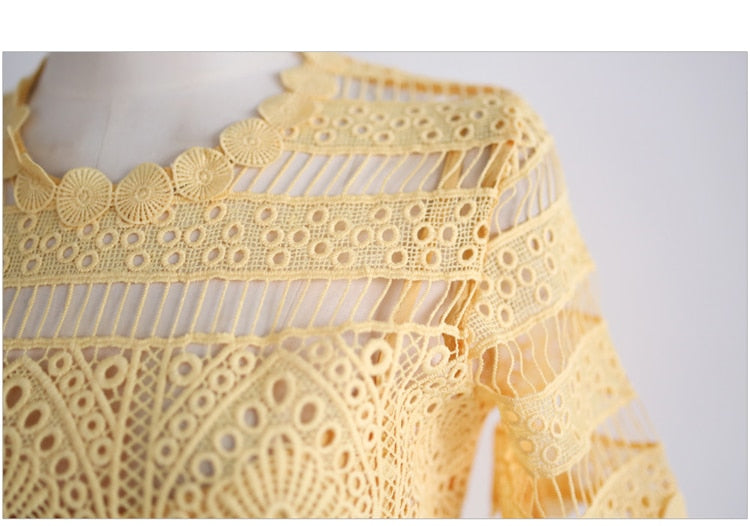 Elegant  Vintage Yellow Lace Midi Dress