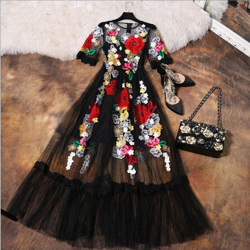 Luxury  Flower Embroidery Appliques Black Mesh  Maxi