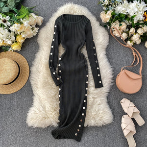 Button Vintage Ladies Slim Summer Bodycon Knit Midi Dress