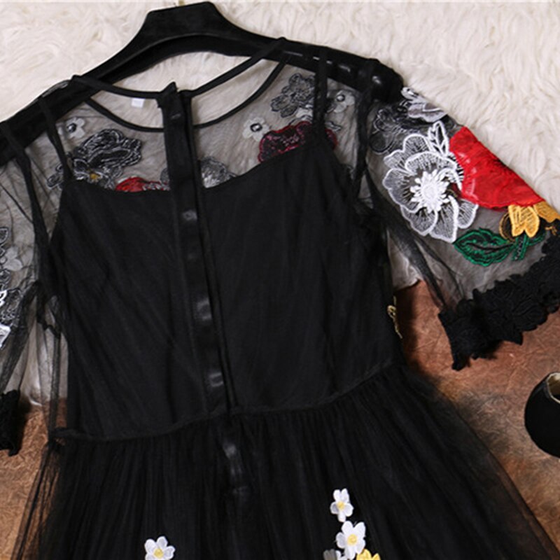 Luxury  Flower Embroidery Appliques Black Mesh  Maxi