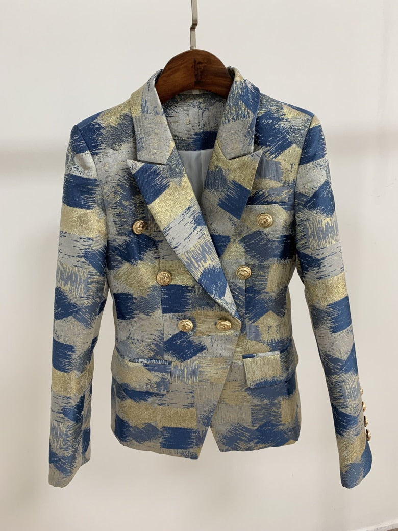 Double Breasted Color Block Jacquard Blazer