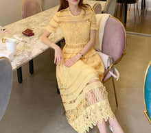Load image into Gallery viewer, Elegant  Vintage Yellow Lace Midi Dress