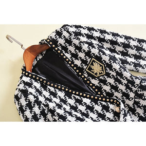 Long Sleeve  Embroidery Rivet Hounds-tooth Plaid Jacket Outer Coat