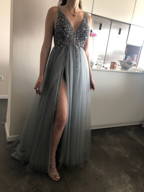 Beading Prom Long Slit Dress