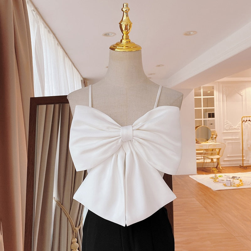 Sexy Patchwork Square Collar Top With Bow