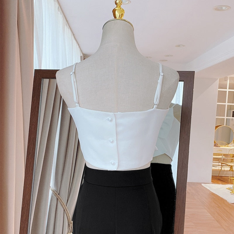 Sexy Patchwork Square Collar Top With Bow