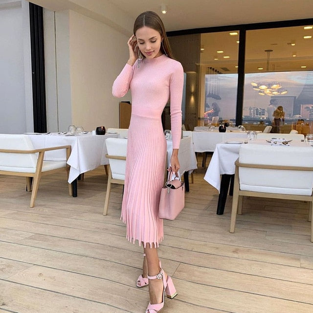 Knitted Long Sleeve Pleated Dress