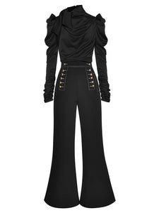 Isla   Ruched Long Sleeve Tops+Double breasted bell-bottoms Two-piece set