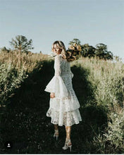 Load image into Gallery viewer, Ximena Flare Sleeve White Lace Cascading Ruffle Dress