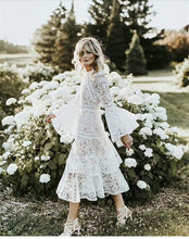 Load image into Gallery viewer, Ximena Flare Sleeve White Lace Cascading Ruffle Dress