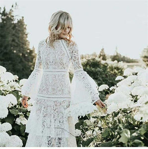 Ximena Flare Sleeve White Lace Cascading Ruffle Dress