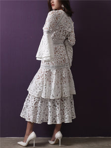 Ximena Flare Sleeve White Lace Cascading Ruffle Dress