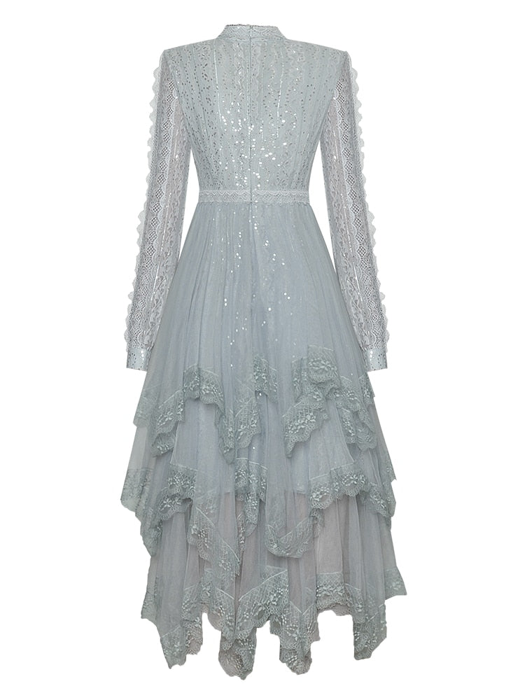 Emilia Patchwork Mesh Sequins Cascading Ruffle Asymmetrical Dresses