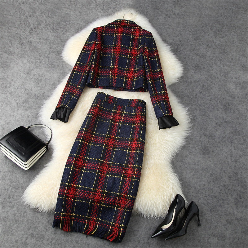 Vintage Plaid Short Tweed Woolen Jacket and Skirt 2 Piece Set Red / XL