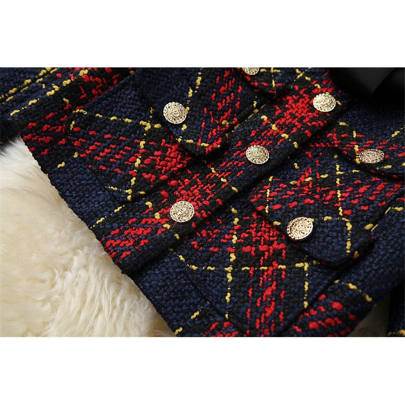Vintage Plaid Short Tweed Woolen Jacket and Skirt 2 Piece Set