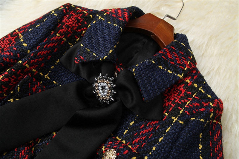 Vintage Plaid Short Tweed Woolen Jacket and Skirt 2 Piece Set