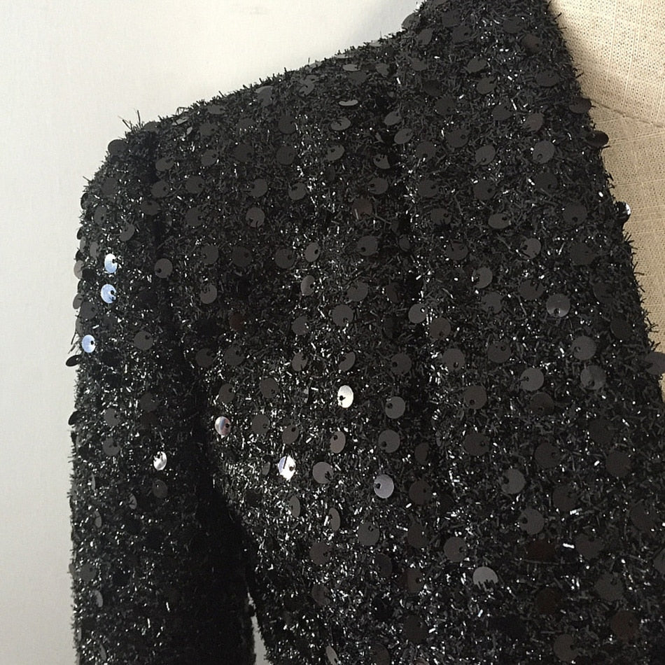 Shawl Collar Glitter Sequined Long Runway Black Blazer – VanillaStyle