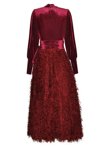Ivy Lantern Sleeve lace-up Patchwork Tassel Elegant Dress