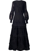 Load image into Gallery viewer, Anastasia V-neck Lantern Sleeve Flowers Embroidery Cascading Ruffle Dress