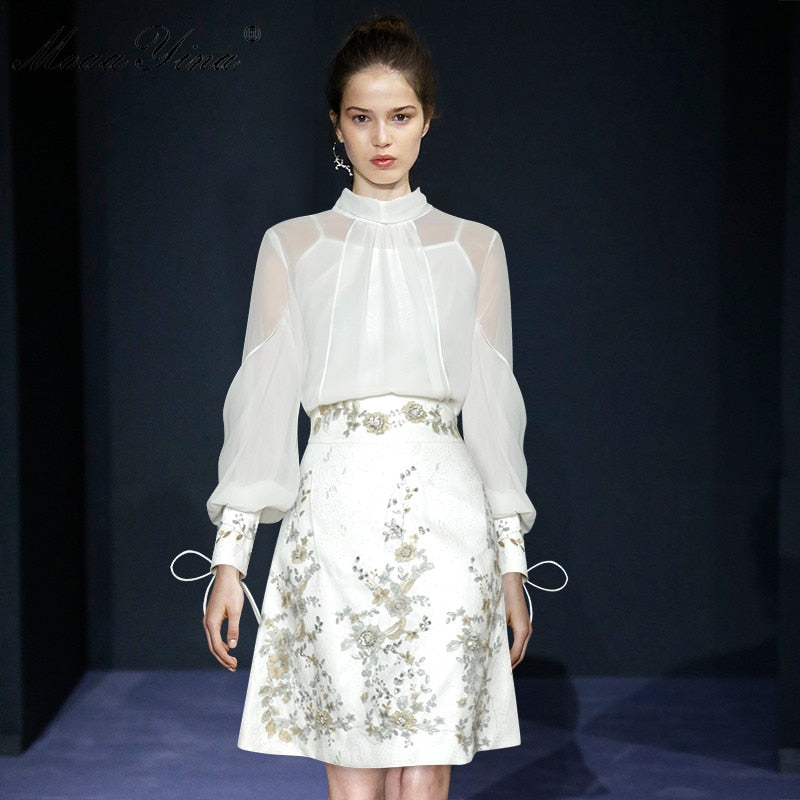 Rizo Sleeve Shirt Tops+Embroidery Sequins Skirt Two-piece set