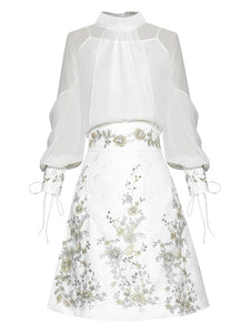Rizo Sleeve Shirt Tops+Embroidery Sequins Skirt Two-piece set