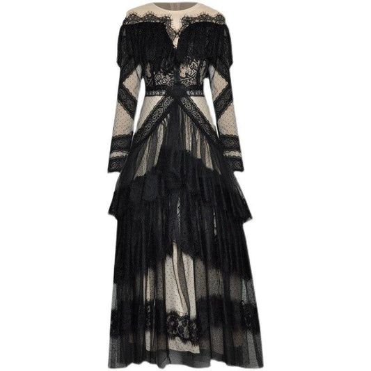 Valeria Langarm Spitzen-Kleid mit kaskadierenden Rüschen und Vintage-Netzstoff