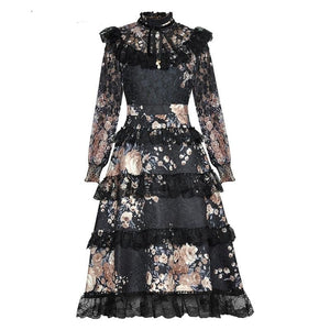 Celine Lace Cascading Ruffle Floral Print Dress