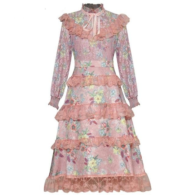 Celine Lace Cascading Ruffle Floral Print Dress