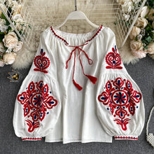 Load image into Gallery viewer, Retro  Embroidered Lace-Up Tassel V-Neck Lantern Sleeve Tops