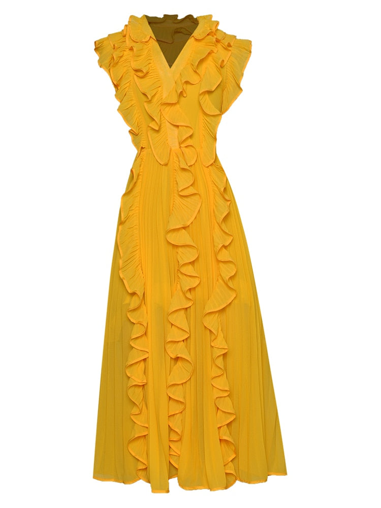 Bianca V-neck Chiffon Elegant Ruffles Solid Pleated Midi Dress