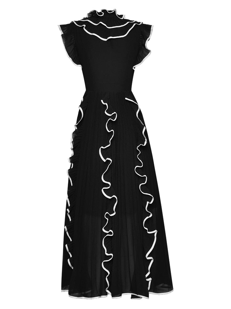 Bianca V-neck Chiffon Elegant Ruffles Solid Pleated Midi Dress