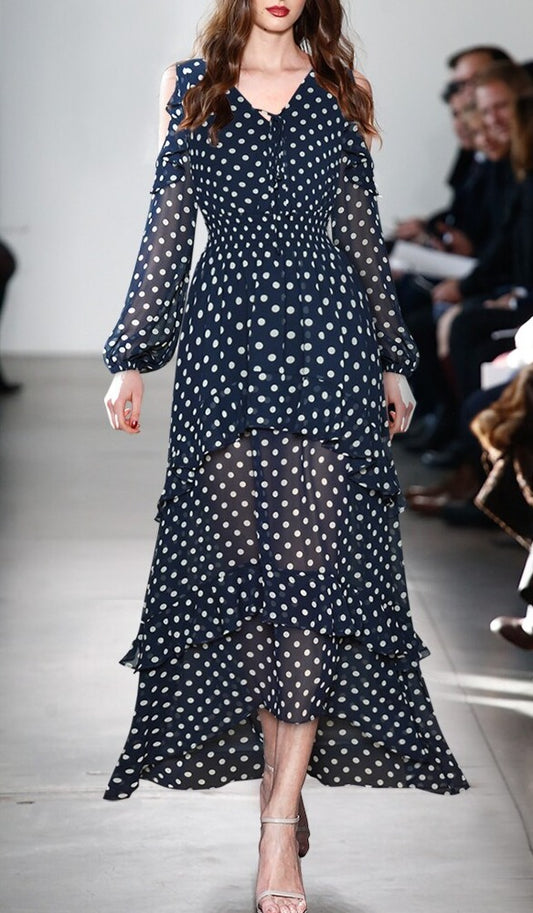 Malina V-Ausschnitt Elastische Taille Mode Polka Dot Print Langes Chiffonkleid Vestidos