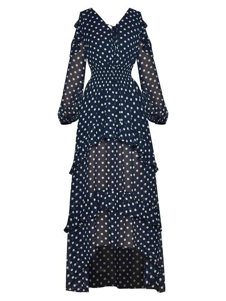 Malina V-neck Elastic waist Fashion Polka dot print Long Chiffon Dress Vestidos