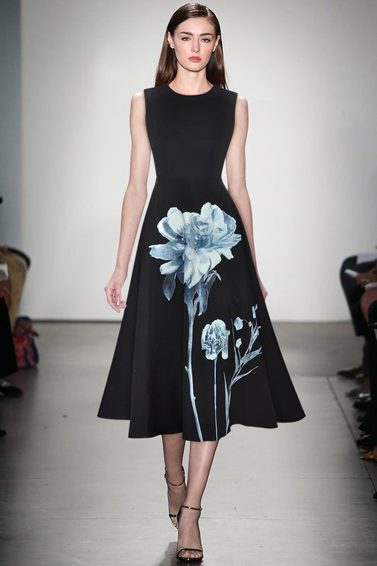 Pearl  O-neck Fashion Sleeveless High waist Floral Print Midi Dress