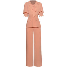 Load image into Gallery viewer, Amalia Cloak O-neck Short-sleeve Sashes Slim Top＋Stretch Wide-leg Trousers Fashion three-piece suit